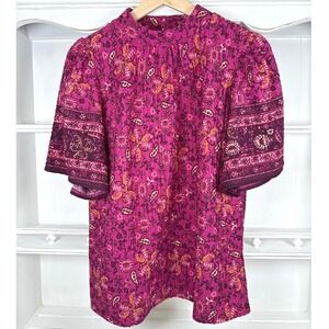 LOFT Floral Paisley Blouse Mock Neck Bohemian Career Casual Top Short Sleeve S